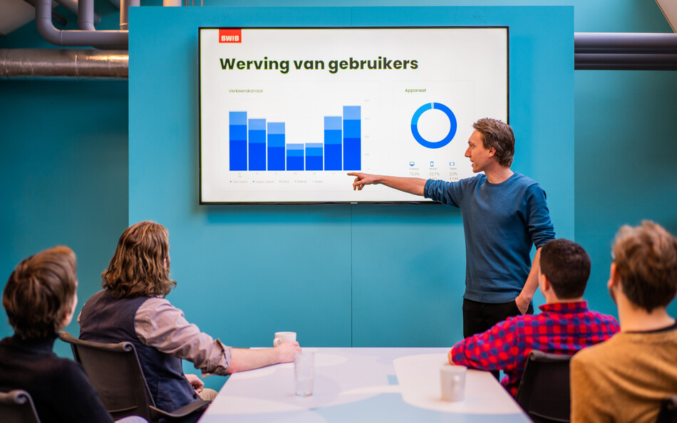 Een foto van een presentatie van de prestaties van een website bij SWIS op kantoor