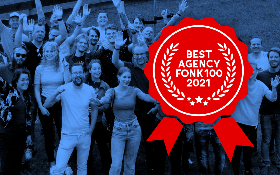 Juichende mensen bij SWIS en de Best Agency FONK100 badge